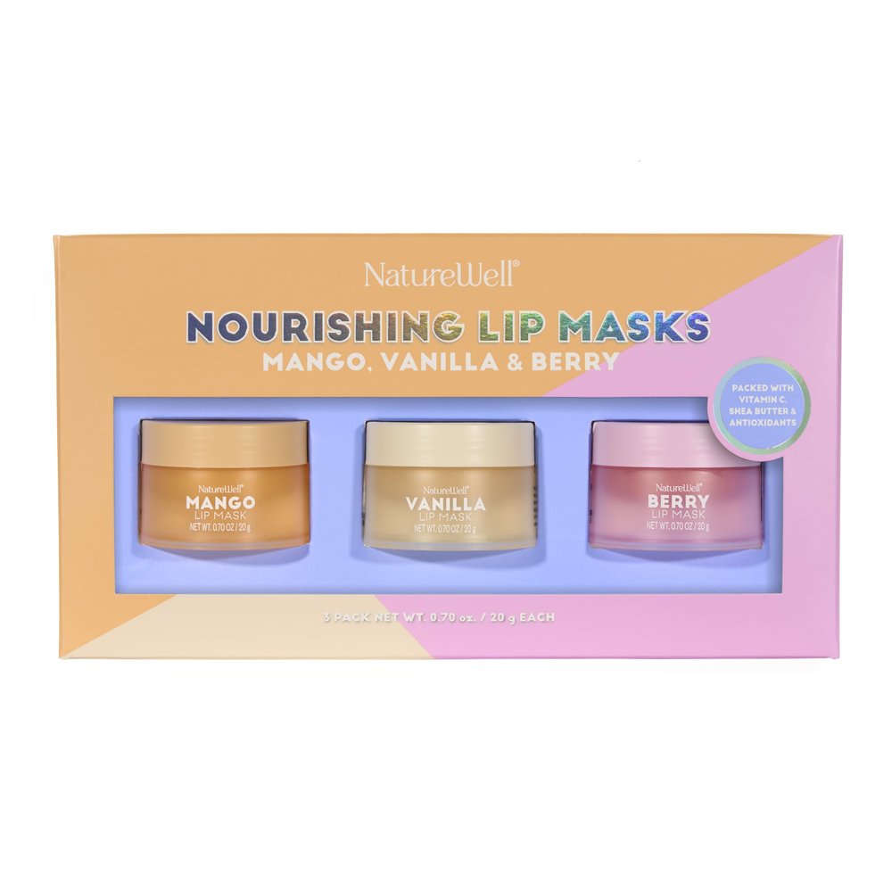 NATURE WELL Hydrating Lip Masks Variety Pack, Includes Mango, Vanilla & Berry Scents, High-Shine, Non-Greasy, Conditioning & Softening, 0.70 Ounce (Pack of 3)