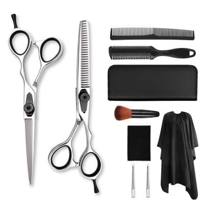 10 pcs Barber and hairdressing scissors professional barber scissors set(5.5 inch) black and white rotating handle flat teeth scissors bangs scissors thinning scissors tool set for women men