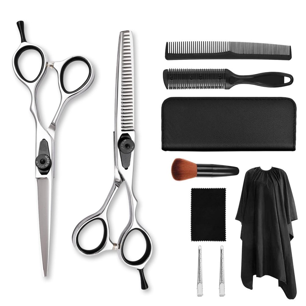 10 pcs Barber and hairdressing scissors professional barber scissors set(5.5 inch) black and white rotating handle flat teeth scissors bangs scissors thinning scissors tool set for women men