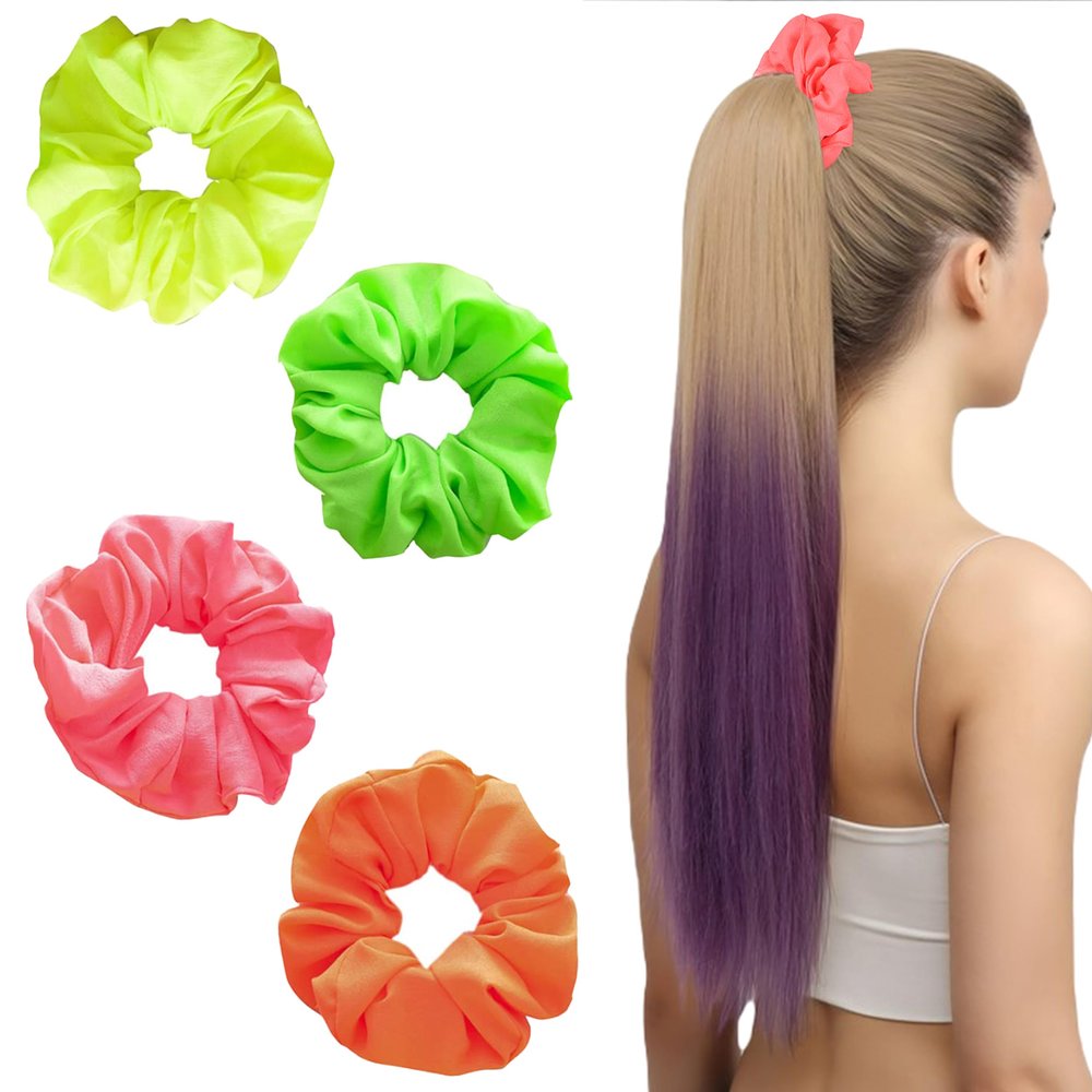 Hearuers 4Pcs Neon Scrunchies for Hair 80s 90s, 90 Accessories for Women, Bright Color Chiffon Large Neon Pink Green Thick Ponytail Hair ties for Rock Party Outfit Costume