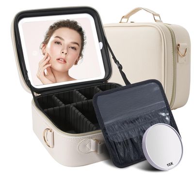 Mocado Travel Makeup Bag with LED Lighted Mirror,Travel Makeup Organizer,Makeup Case with 3 Color Lighted Setting and 10x Magnifying Mirror,Portable Storage and Adjustable Dividers Makeup Box(Beige)
