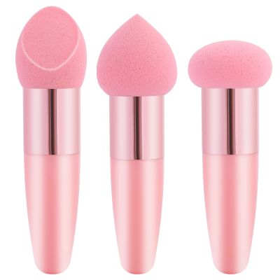 3 Pcs Makeup Foundation Sponge Pink Makeup Sponge Cosmetic Powder Puff Concealer Face Brush with Handle Applicator Brush