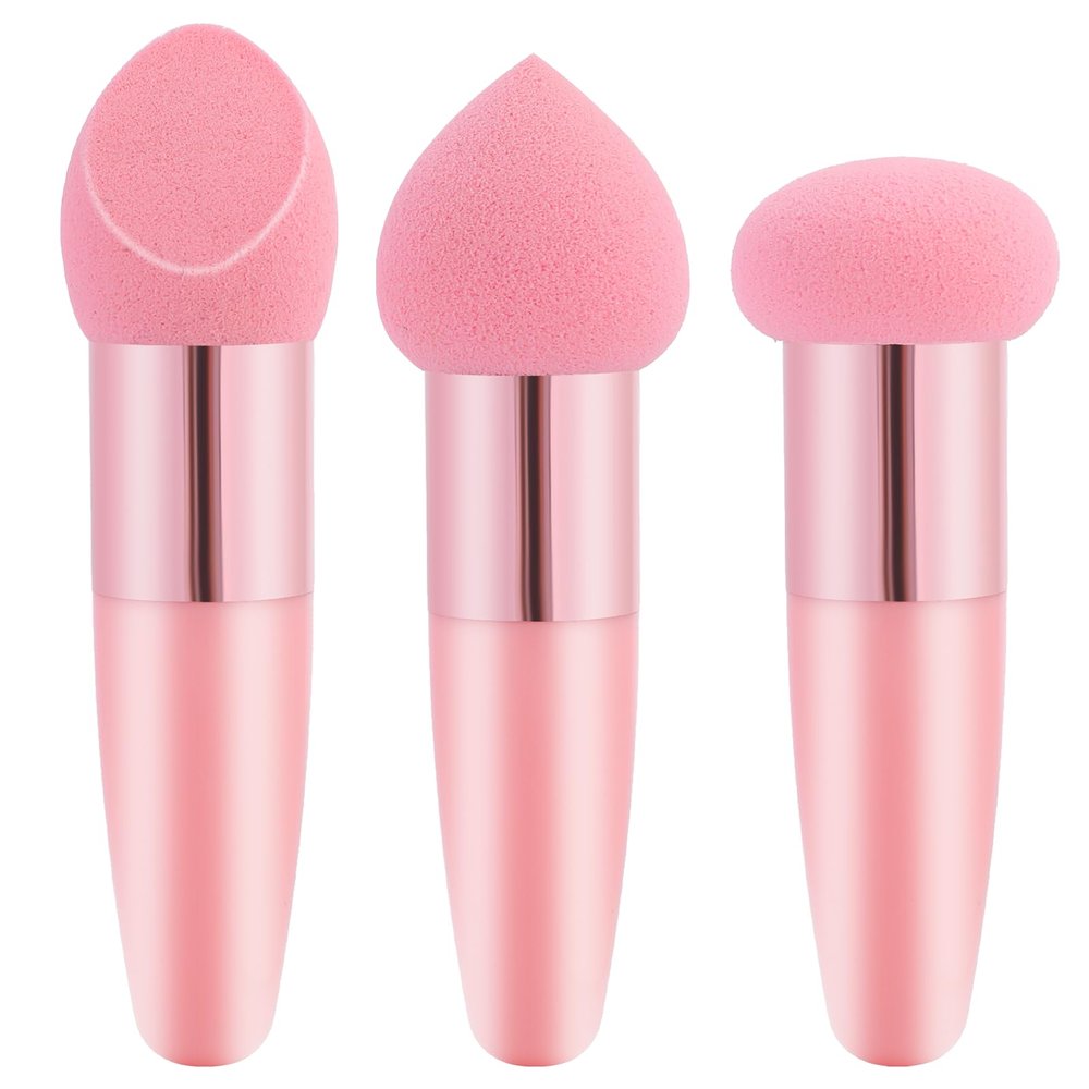 3 Pcs Makeup Foundation Sponge Pink Makeup Sponge Cosmetic Powder Puff Concealer Face Brush with Handle Applicator Brush