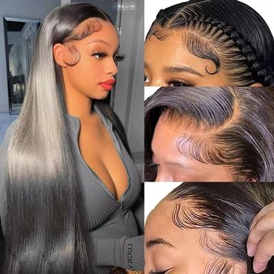 0.10mm Ultra-thin Lace Front Wigs Straight Human Hair Wigs 180% Density Pre Cut 13x4 Real HD Lace Human Hair Wigs Natural Hairline Glueless Wig Pre Plukced Bleached Knots Natural Color 24 Inch