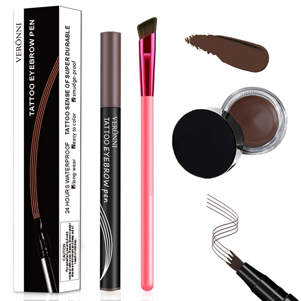 Anjoize Eyebrow, 2023 New 4D Hair Stroke Brow Stamp Brush, 4D Laminated Brow Home-Grooming Kit, Anjoize Eyebrow Pen With Eyebrow Gel (Gray Brown)