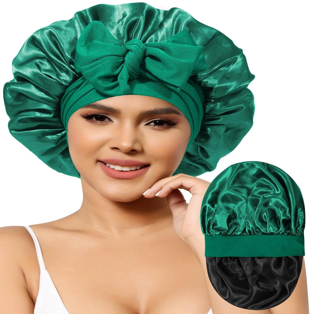 Satin Bonnet for Women Silk Bonnets for Sleeping Curly Hair Bonnet with Elastic Tie Band Reversible Double Layer Sleep Cap Hair Wrap (Black + Green)