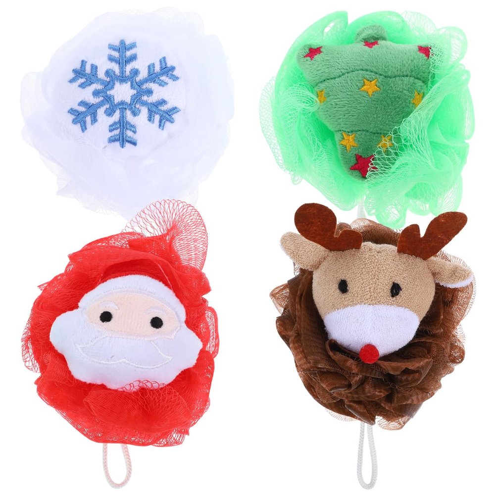 POPETPOP 4 Pcs Christmas Exfoliating Loofah Bath Balls, Creative Christmas Style Body Scrubber, Santa Claus Shower Sponge, Body Scrubber Exfoliator for Kids Women Gentle Cleansing