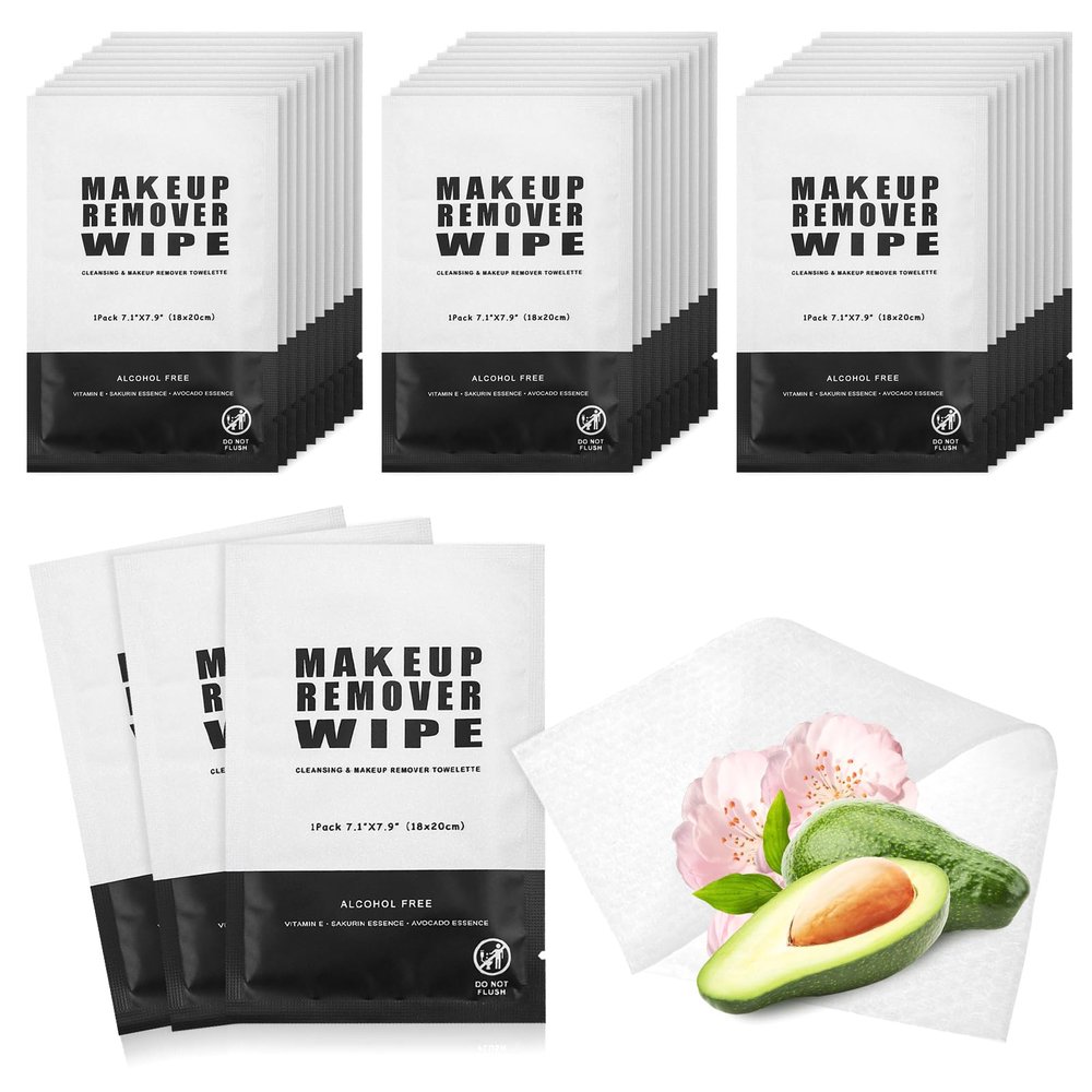 200 Count Makeup Remover Wipes Bulk Individually Wrapped Face Cleansing Wipes,Travel Towelette Makeup Remover Cloth for Face Cleansing Skin Care Remove Makeup(Black)
