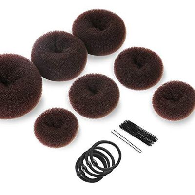Bun Donut Set - Brown Bun Maker with 7 Bun Donuts, 10 Pins, 5 Elastic Bands & Bun Shaper for Professional Styling