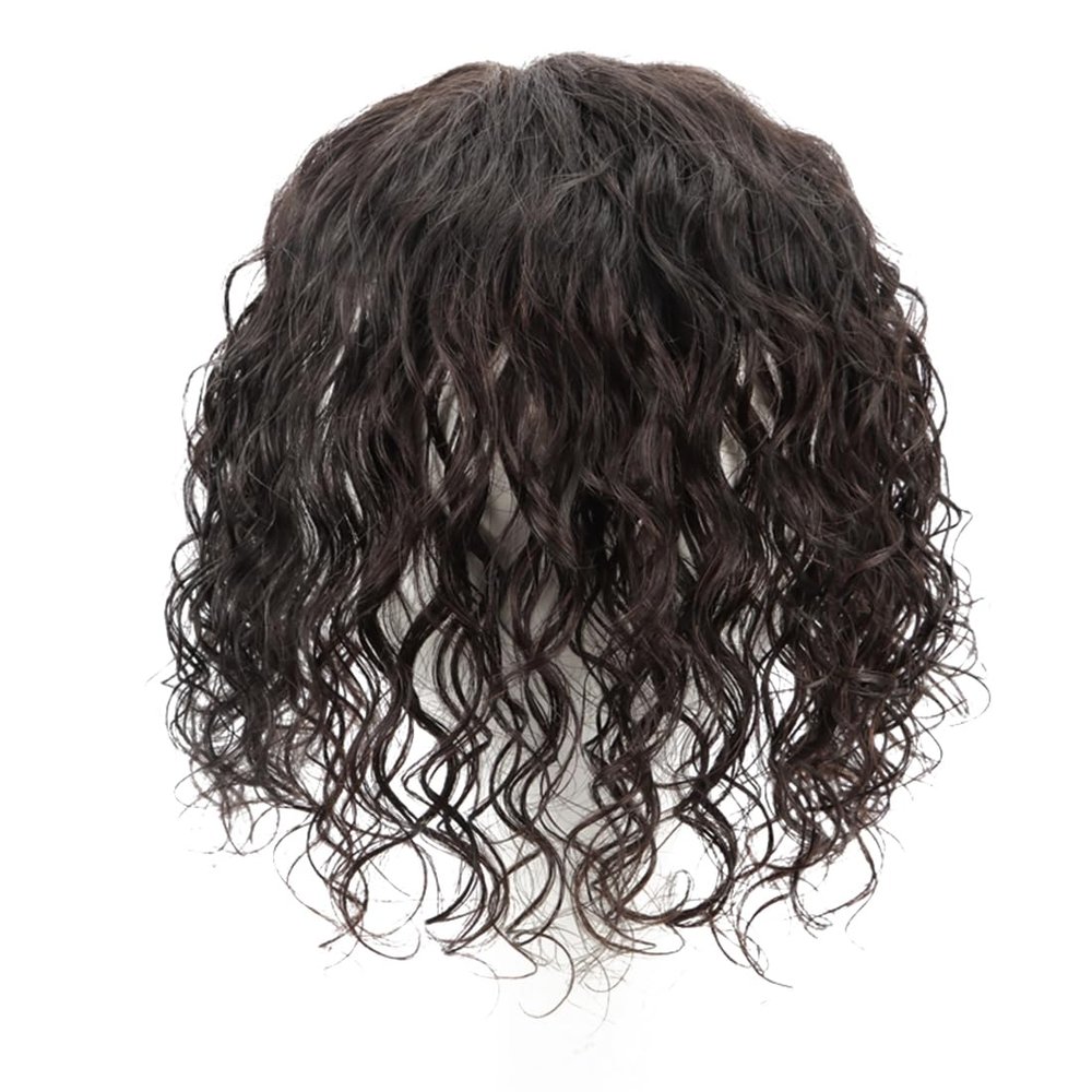 Fluffy Curly Human Hair One Piece Two Clips Clip in Hair Toppers with Thinning Hair for Hair Loss for Woman 7x10cm/2.8x3,9inch Hairpiece Hand Tied (Natural color,20cm/8inch)