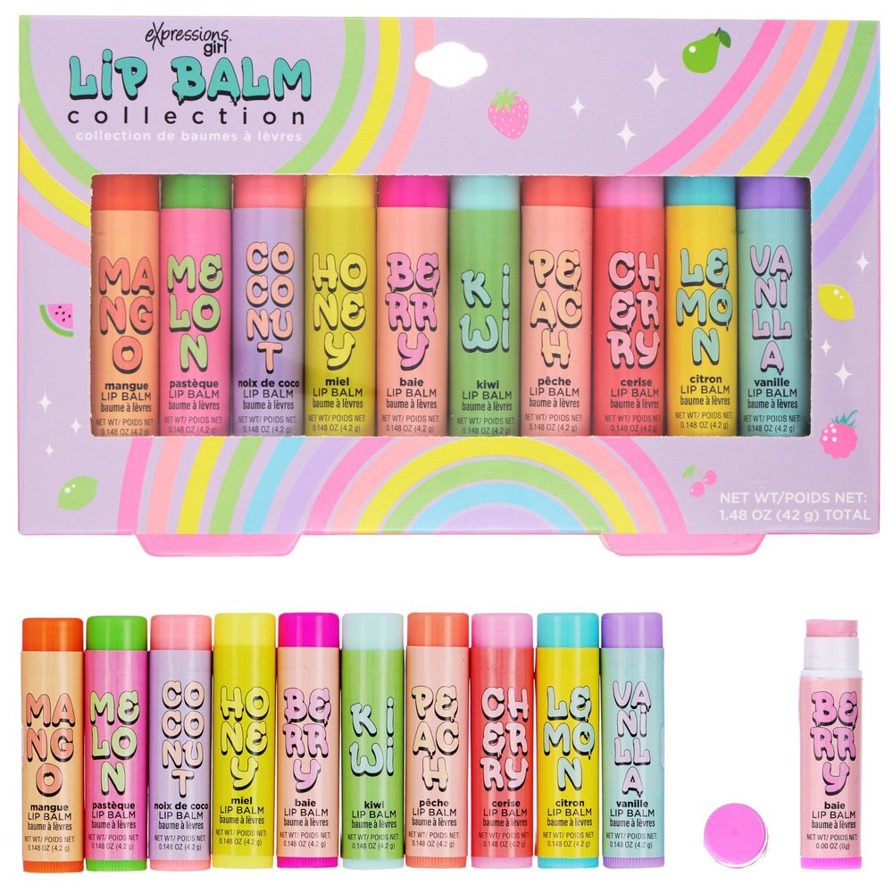 10pc Fruity Lip Balm Collection - Hydrating Lip Balms Infused w/Fresh Fruity Flavors - Vitamin Enriched Nourishing Lip Balm Set