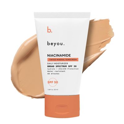 Beyou. Niacinamide Daily Moisturizer Mineral Face Sunscreen + SPF 50  Tinted Sunblock with Zinc Oxide, Lightweight & Fast-Absorbing, Oil- Free, Plant-Based, Cruelty-Free, All Skin Types  1.69 fl oz