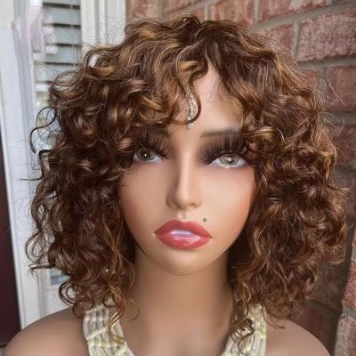 #4/27 Short Bob Curly Human Hair Wigs with Bangs 13X4 HD Lace Front Pixie Cut Ombre Blonde Wig for Women Brown Short Bob Wig Glueless Natural Hairline Wig 180% Density 12Inch
