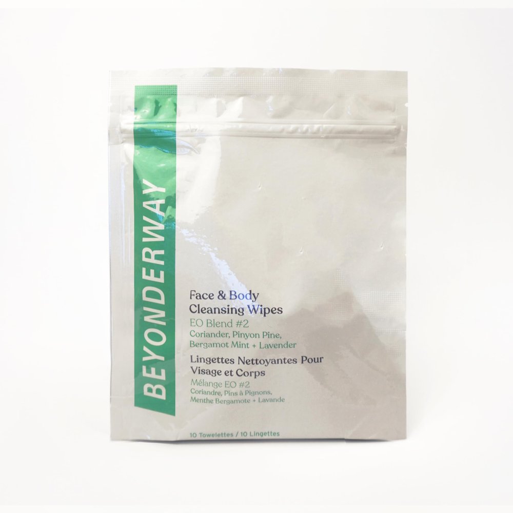 BEYONDERWAY Cleansing Wipes - Essential Oils Blend of Bergamot Mint, Coriander, Lavender, Pinyon Pine with Aloe Vera  Face & Body Refresh, Skin Microbiome Balance, Dermatology Tested