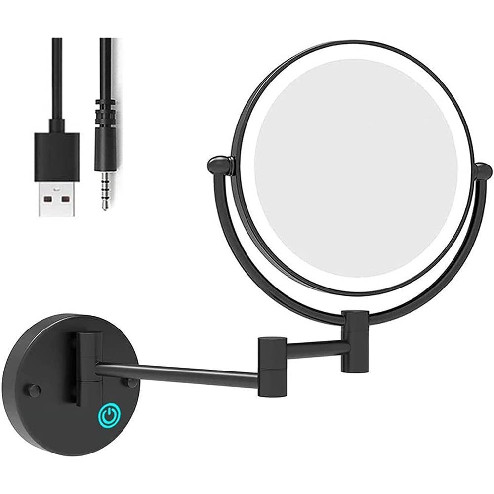 8 Inch Bathroom Mirror Wall Mounted Black USB Rechargeable Makeup Mirror Two Sided 1X/ Magnifying Adjustable LED Light Touch Screen Shaving Mirror 360 Swivel Vanity Mirror