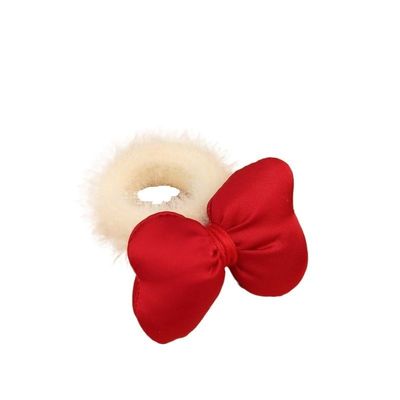 Cute cartoon autumn and winter furry three-dimensional bow ear hair rope plush hair ring New Year red children's headdress for women (Color : 2#Red, Size : 2PCS)