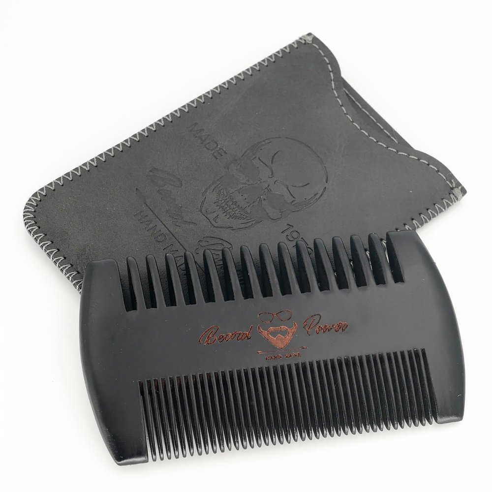 Menesia Black Wooden Beard Comb with Case for Men, Men's Wood Pocket Comb for Beards & Mustaches & Hair, Black Skull Design