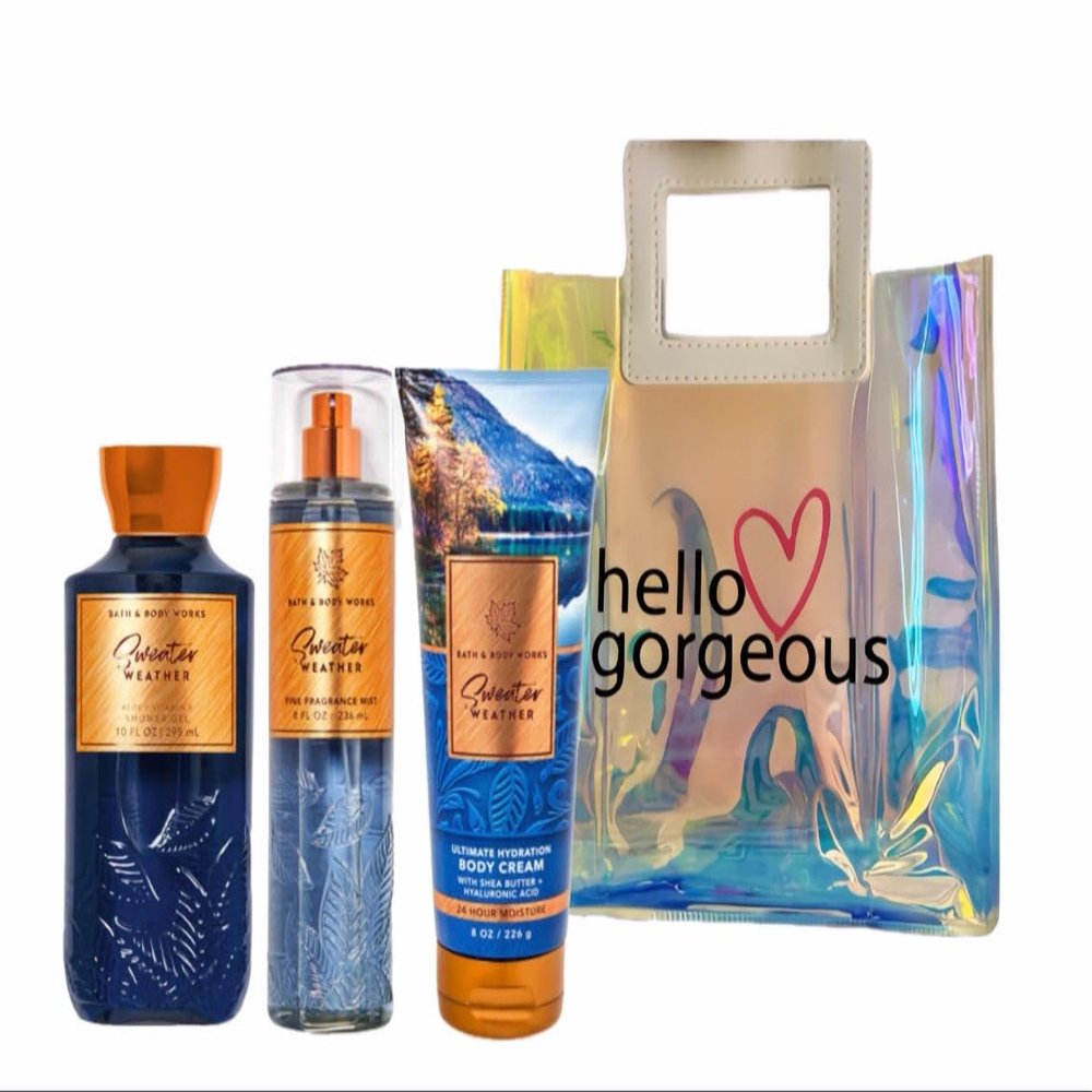 Bath & Body Works - SWEATER WEATHER - 3 Piece Bundle - Spray - Body Cream - Shower Gel - Full Size and Hello Gorgeous Gift Bag.