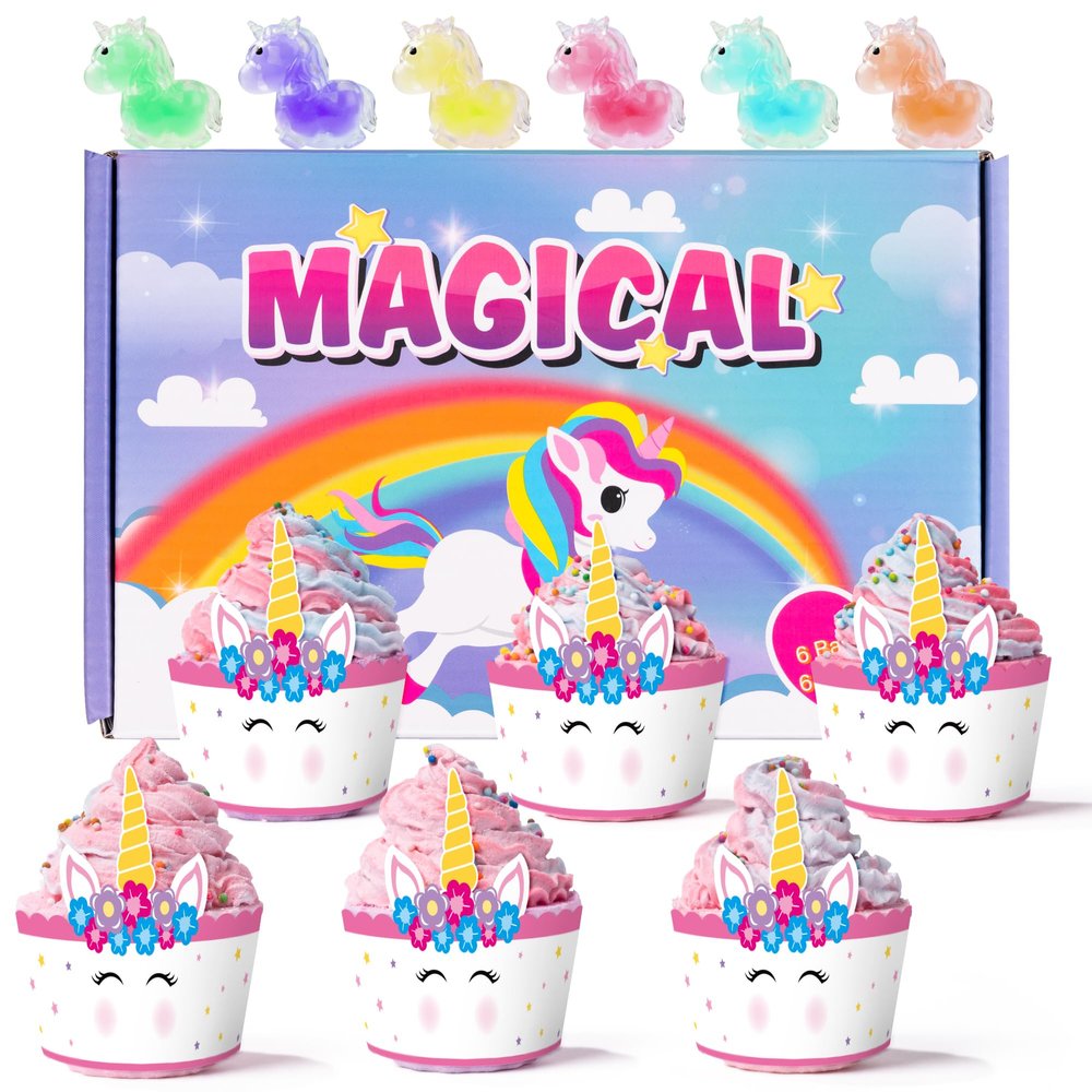 BeYumi Cupcake Bath Bombs Gift Set with Unicorn Squishy Stress Ball Toys Inside Handmade Bath Bombs for Girls Women with Surprise Inside Ideal Valentine Birthday Christmas Gift
