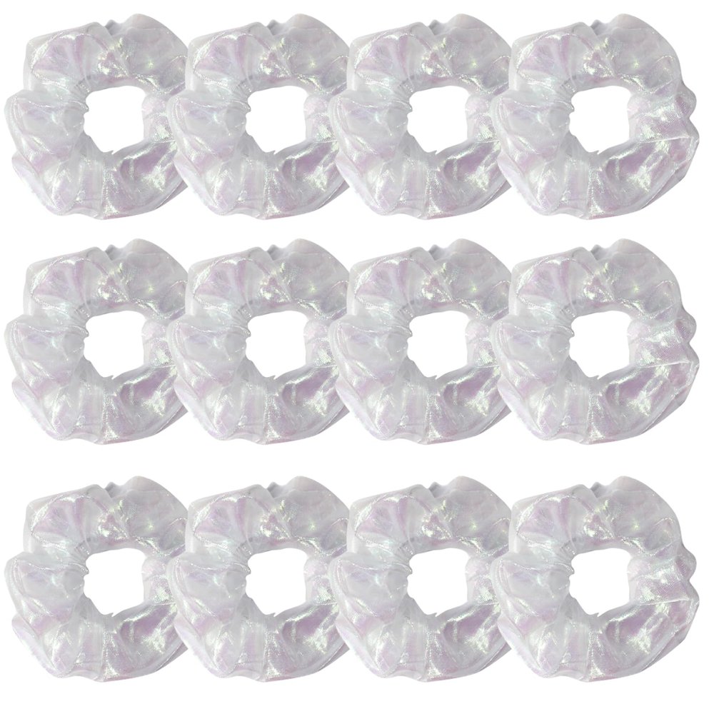 12 Pcs Shiny Mermaid Dance Cheer Organza Hair Scrunchies For Thick Hair School Performance/Sports/Party/Gymnastics Silky Scrunchie Ponytail Holder Wrist for Girls Cosplay Show (White)