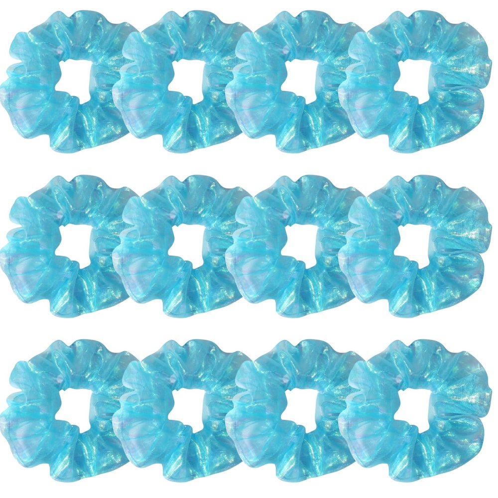 12 Pcs Shiny Mermaid Dance Cheer Organza Hair Scrunchies For Thick Hair School Performance/Sports/Party/Gymnastics Silky Scrunchie Ponytail Holder Wrist for Girls Cosplay Show (Blue)