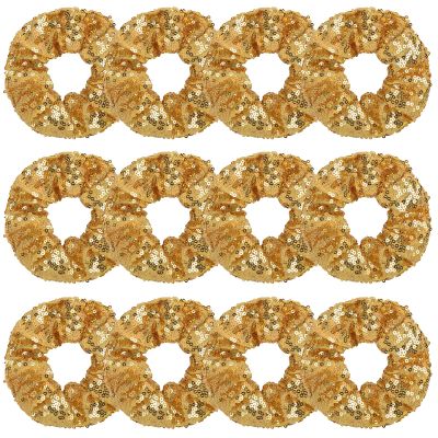 12 Pcs Sparkle Sequins Scrunchies Cheer Hair Scrunchies For Thick Hair School Performance Scrunchy Sports Ponytail Holder Wrist for Girls Cosplay Show (Gold)