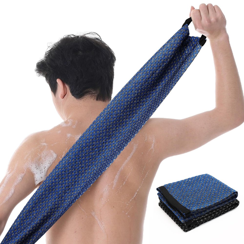 Japanese-style exfoliating bath towel and towel set (2 pieces) - loofah, durable and quick-drying, extra-long design, skin-friendly material, mesh design, suitable for all skin types - 1 blue, 1 black