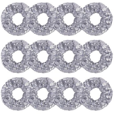 12 Pcs Sparkle Sequins Scrunchies Cheer Hair Scrunchies For Thick Hair School Performance Scrunchy Sports Ponytail Holder Wrist for Girls Cosplay Show (Silver)