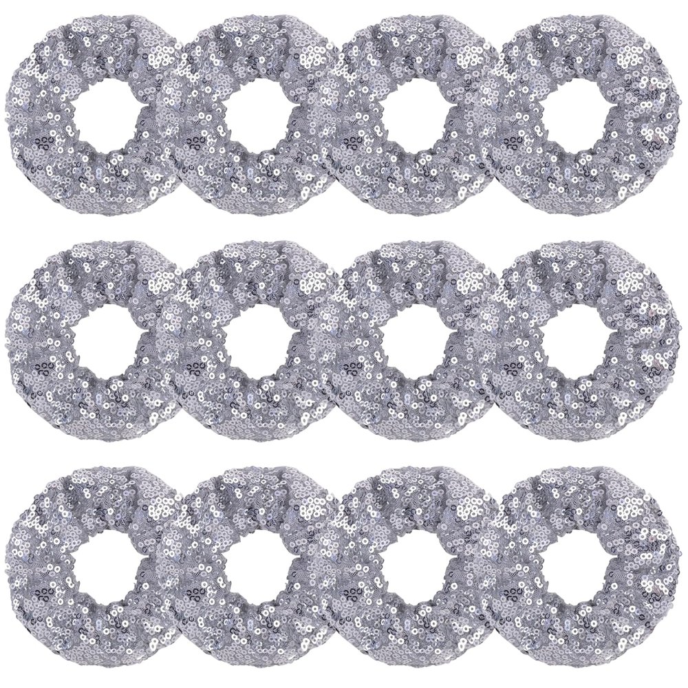 12 Pcs Sparkle Sequins Scrunchies Cheer Hair Scrunchies For Thick Hair School Performance Scrunchy Sports Ponytail Holder Wrist for Girls Cosplay Show (Silver)