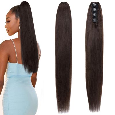 FUOTONBUTY Claw Clip Ponytail Extension 100% Real Remy Human Hairpiece Pony Tails Hair Extensions Long Straight Ponytail for Women (16 inch, Jet Black)