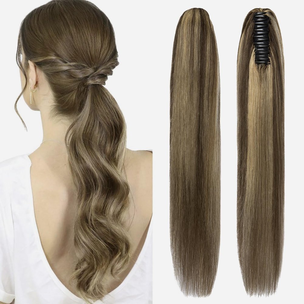 FUOTONBUTY Claw Clip Ponytail Extension 100% Real Remy Human Hairpiece Pony Tails Hair Extensions Long Straight Ponytail for Women (20 inch, Balayage Dark Brown to Chestnut Brown)