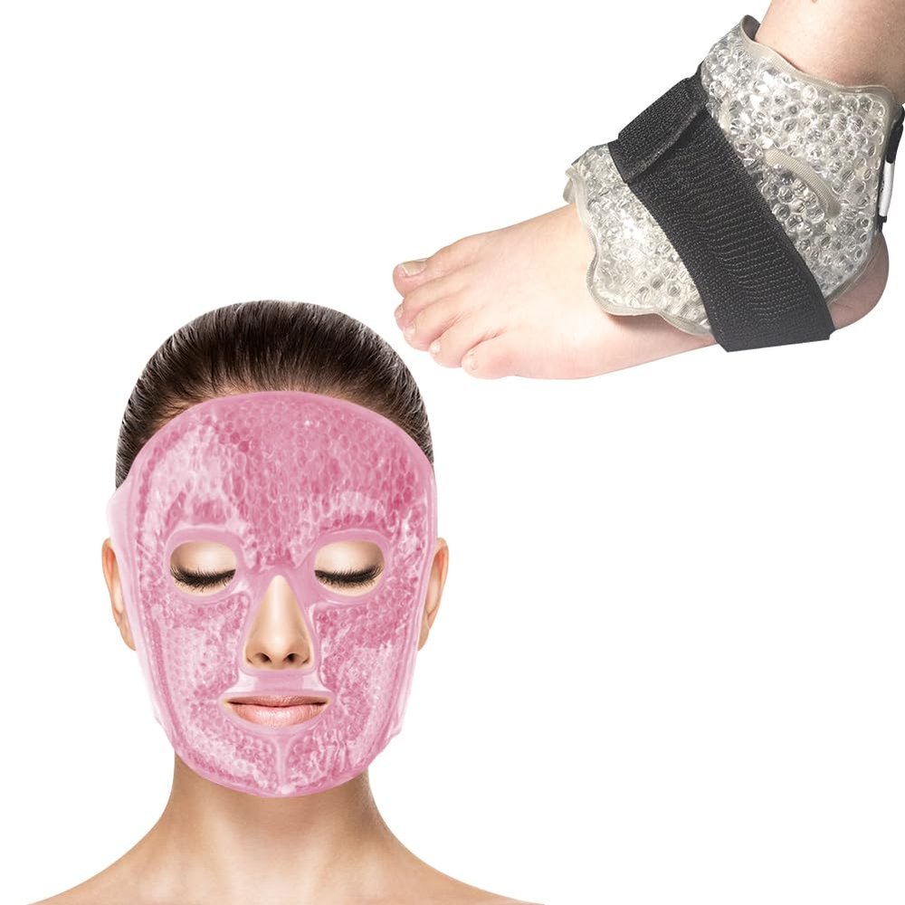 CONBELLA Boundle of Cold Face eye masks Ice Face Mask Hot Cold Compress for dark circles and Ankle/Sport Foot Ice Therapy Wrap,Hot Cold Ice Gel Pack with Adjustable Brace for Sprained Ankles