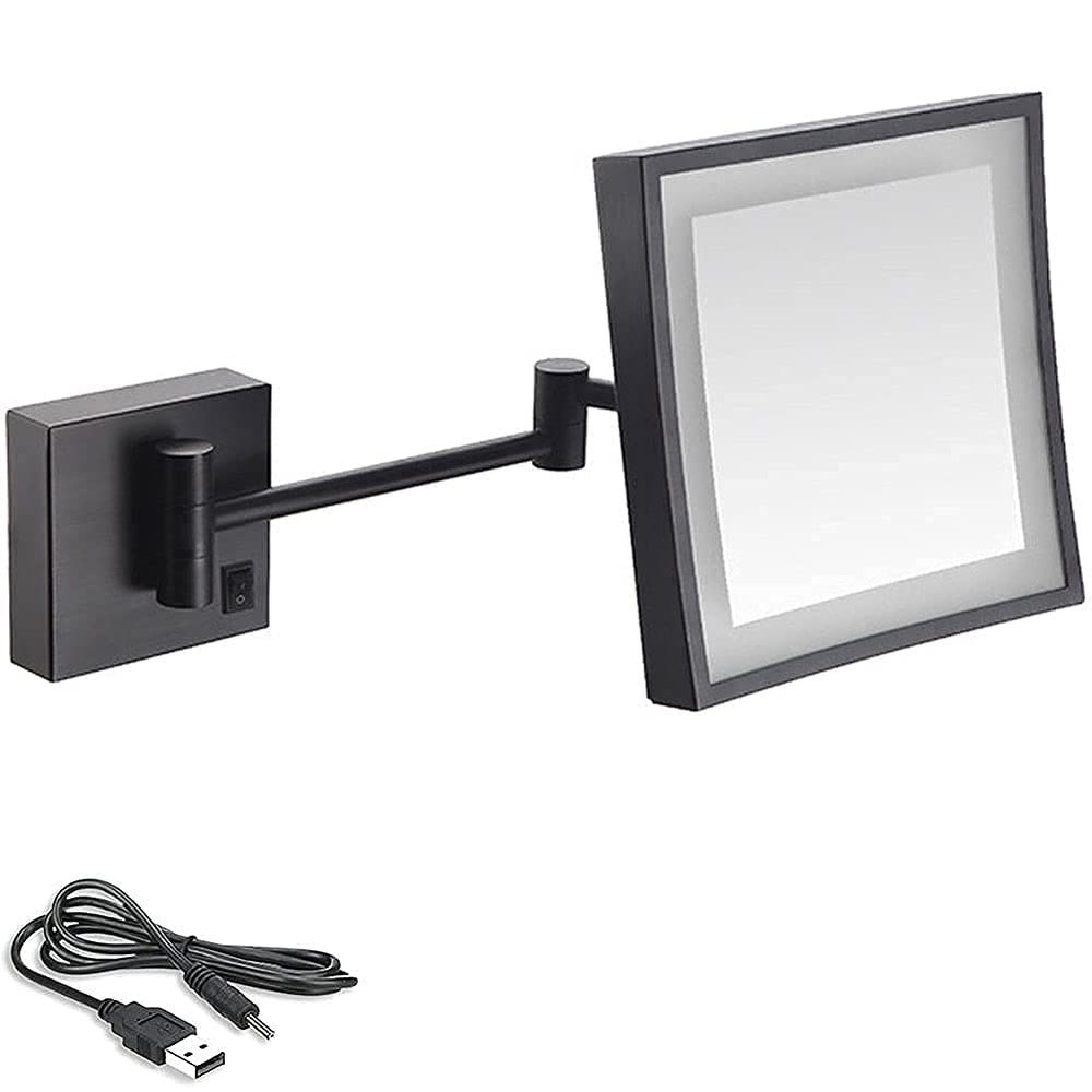 8 Inch Bathroom Mirror Wall Mounted,USB rgeable Makeup Mirror 3X Magnification Shaving Mirror 180Swivel Vanity Mirror LED Lighted Wall Mounted Mirrors Square Cosmetic Mirror(Matte Black)