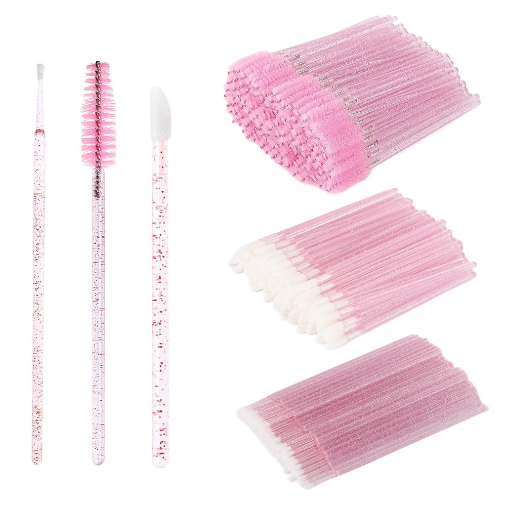 300 Pcs Spoolies Mascara Wands and Lip Brushes and Micro Swabs Applicator Disposable Eyelash Brushes Lipstick Tester Makeup Applicator Tool Pink with 1 Reusable Container