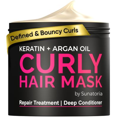 SUNATORIA Curly Hair Mask - Deep Conditioner for Curly Hair - Natural Argan & Keratin Hair Treatment Mask - 8.5 Fl Oz - Repair, Hydrate, Moisturize Dry, Damaged, Wavy & Frizzy Hair