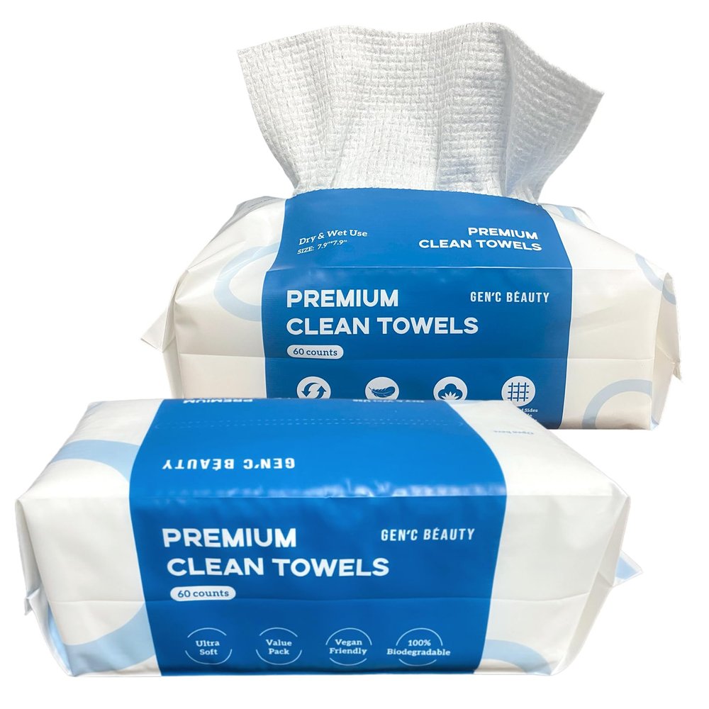 GEN'C BAUTY Premium Disposable Clean Towel 60pcs | Biodegradable Fabric | Ultra Soft & Absorbent | EF Textured | Makeup Removing Towel (Pack of 2)