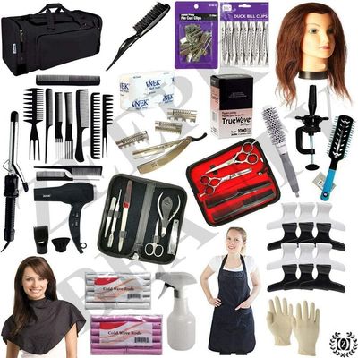 Professional 24 PCS Cosmetology Kit Hair School, Barbershop Beauty Salon Approved Use! 10 Piece Comb Set, Butterfly Clips, Flex Rods, Mannequin Head w/Stand! Hair Brushes! Neck Wraps!