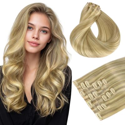 HOTBANANA Seamless Clip in Hair Extensions Light Blonde Highlighted Golden Blonde(Grey Tone) 22in 150g 7pcs Clip in Remy Human Hair Extensions Straight Hair Invisible PU Skin Weft