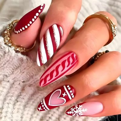 24Pcs Almond Press on Nails Medium Christmas Fake Nails Love Snowflakes Full Cover False Nails with Golden Stripe Design Glossy Glue on Nails Acrylic Nails Reusable Stick On Nails For Women and Girls