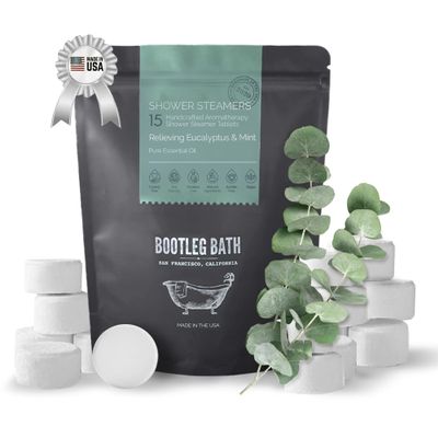 BOOTLEG BATH Shower Steamers, Aromatherapy Shower Bomb 15 Pack, Eucalyptus, Great Gift, All Natural, 100% Pure Essential Oil, for Men and Women, Made in USA