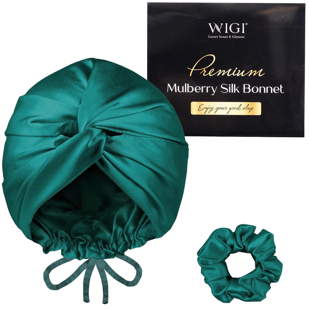 WIGI Mulberry Silk Bonnet With Scrunchie Gift for Women, Sleeping and Shower Cap Hair Wrap for Hair Care (Bow Design, Dark Green)
