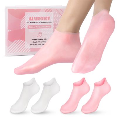 Aluroice 2 Pairs Silicone Moisturizing Socks for Dry Cracked Feet Women, Soft Gel Pedicure Foot Spa Aloe Socks, Anti-Slip Moisturizer Socks for Dry Cracked Feet Overnight Foot Care Pink&White