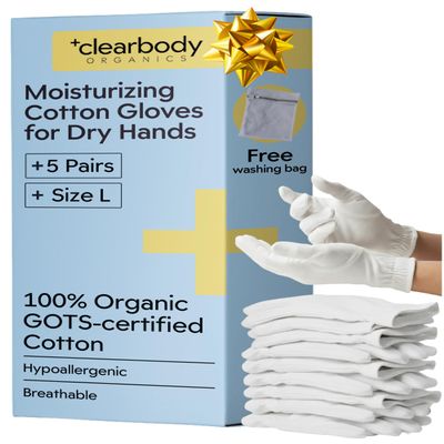 Clearbody Organics Organic Cotton Gloves - 5 Pairs, Large, White - Moisturizing Gloves for Dry Hands - Cotton Liners for Overnight Hydration