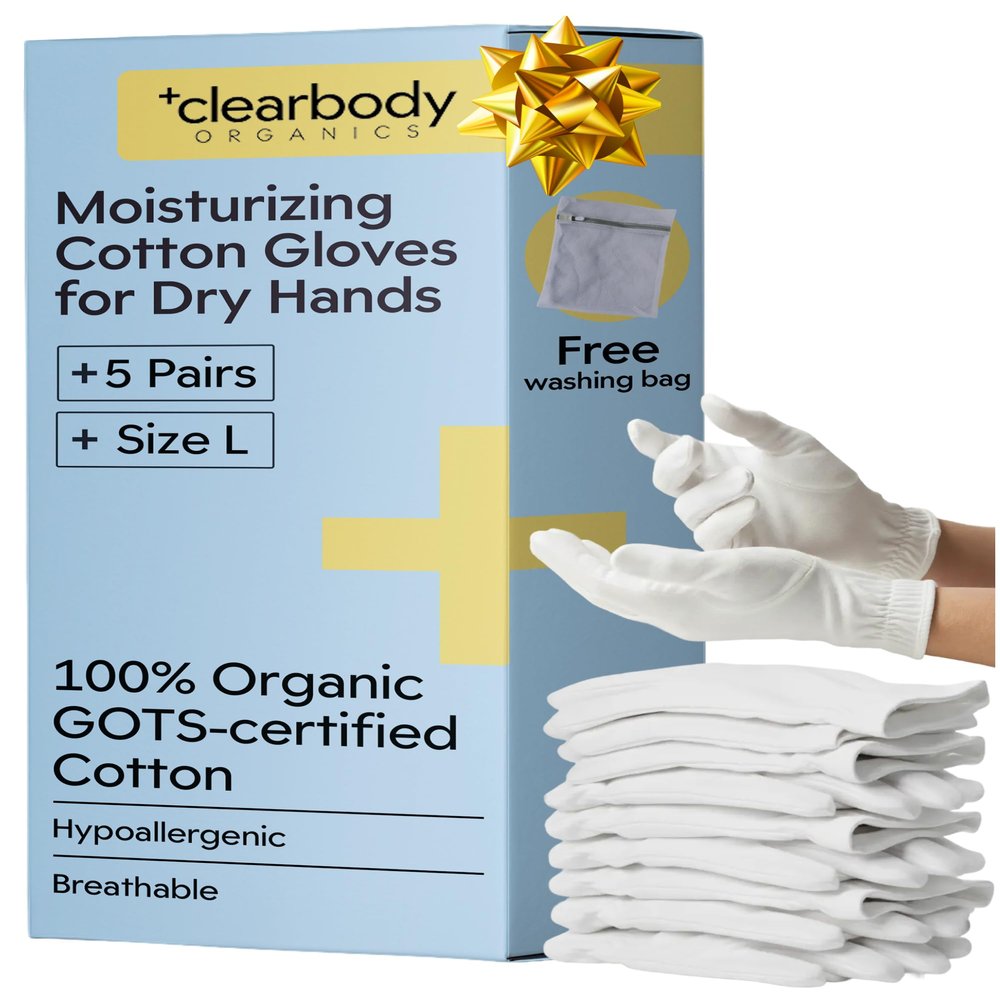 Clearbody Organics Organic Cotton Gloves - 5 Pairs, Large, White - Moisturizing Gloves for Dry Hands - Cotton Liners for Overnight Hydration