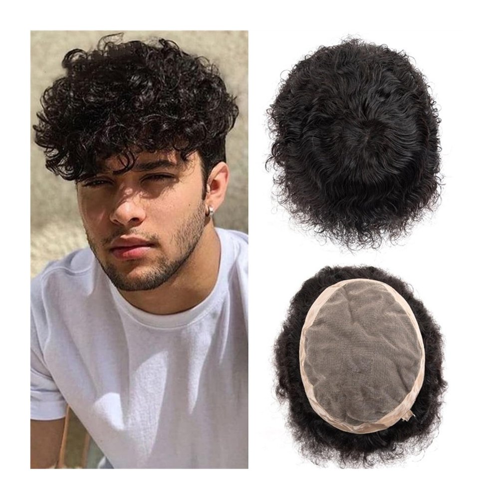 Hair Toupee Men Afro Curly Toupee Male Human Hair System Units Fine Mono and NPU Thin Skin Men Toupee Indian Remy Hair 6" Water Curly Men Hairpiece Men's Toupee (Color : Water Wave Hair 1B 110%, Siz