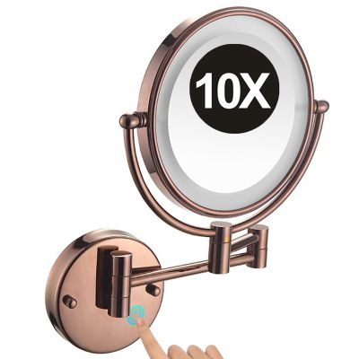 8 Inch Double Sided 1X/10X Magnifying Wall Mounted Makeup Vanity Mirror with LED Lights & Stepless Dimming, 360 Swivel Extendable Cosmetic Mirror, Bathroom HD Shaving Mirror ,Rose gold,Plug In