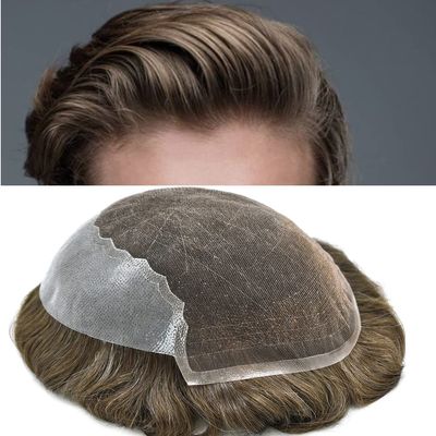 Mens Toupee French Lace Front with Poly Skin Human Hair System For Men Natural Hairline Mens Hair Replacement System Beached Knots Toupee For Men 7''x9''-100% density#6 Light Brown