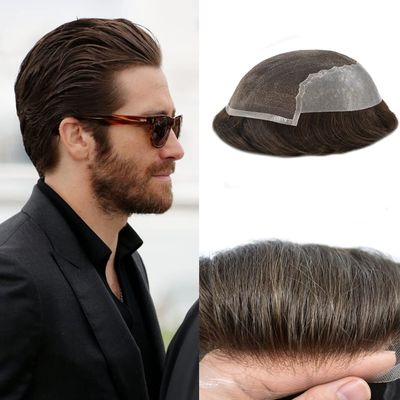 Mens Toupee French Lace Front with Poly Skin Human Hair System For Men Natural Hairline Mens Hair Replacement System Beached Knots Toupee For Men 8''x10''-100% density#3 Dark Brown