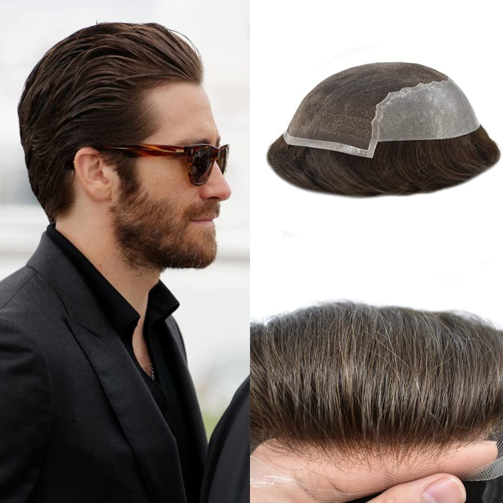 Mens Toupee French Lace Front with Poly Skin Human Hair System For Men Natural Hairline Mens Hair Replacement System Beached Knots Toupee For Men 8''x10''-100% density#3 Dark Brown
