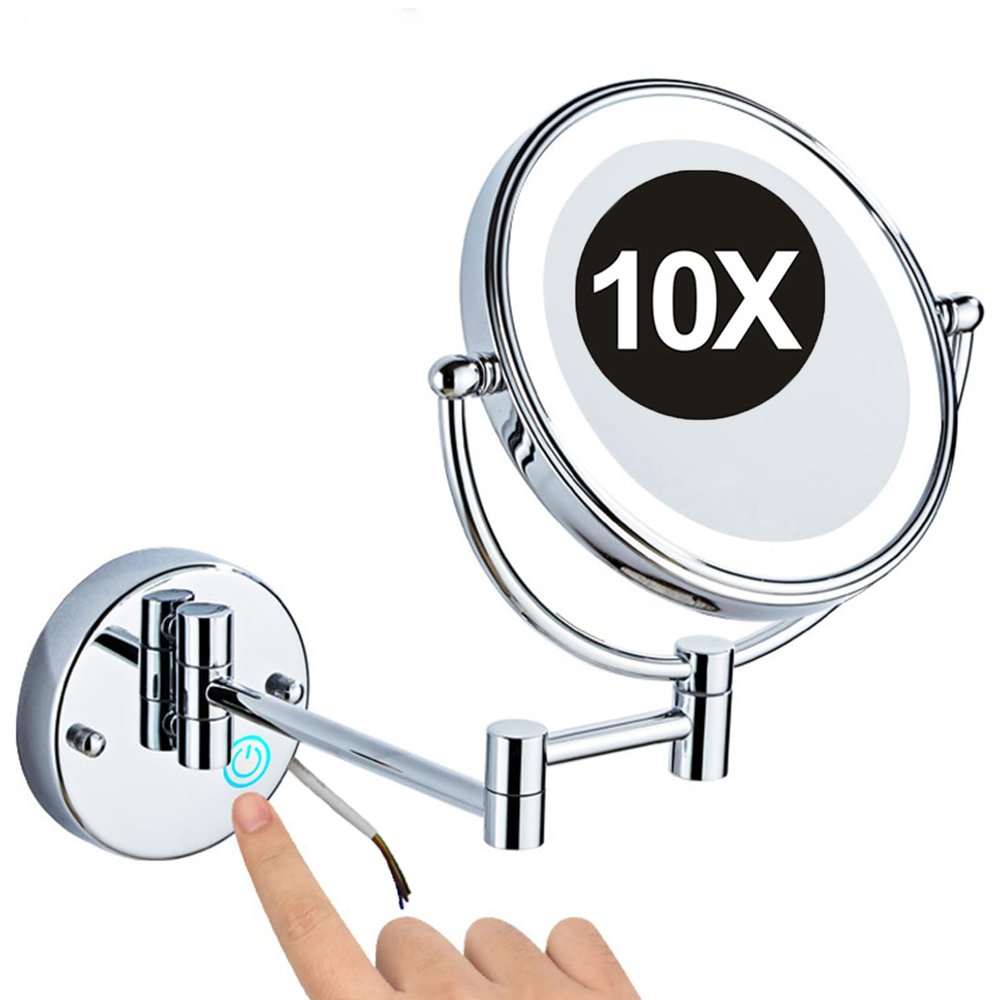 8 Inch Double Sided 1X/10X Magnifying Wall Mounted Makeup Vanity Mirror with LED Lights & Stepless Dimming, 360 Swivel Extendable Cosmetic Mirror, Bathroom HD Shaving Mirror ,Silver,HardWired
